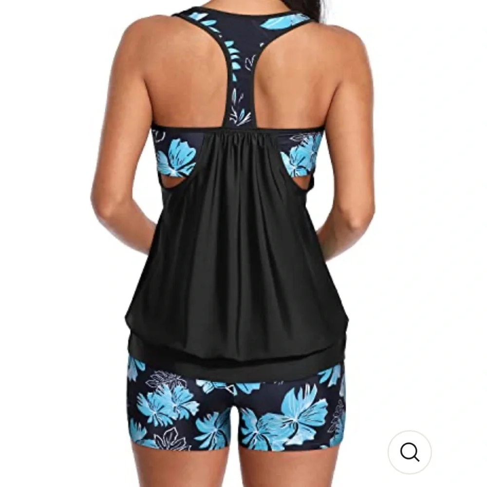 Black Tankini Top with Blue Floral Accent Swim Set for Women